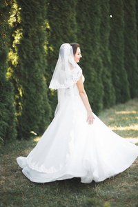 美女名车年轻的新娘穿着婚纱，在公园里摆姿势