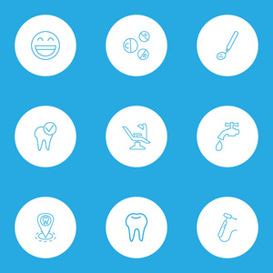 牙齿图标线风格设置与维生素, 牙医的位置, 牙科护理和其他保健元素。隔绝的例证牙图标