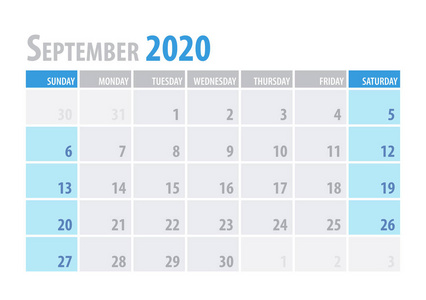 九月。日历规划2020在干净的最小表简单样式。向量例证