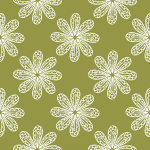 橄榄绿色背景上的白色花卉装饰品。纺织品和墙纸无缝图案