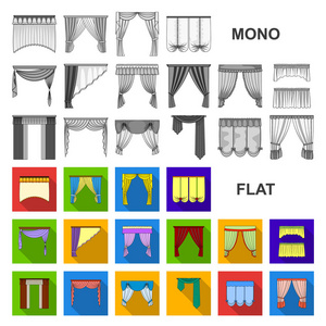 不同类型的窗帘在集合中设计的平面图标。窗帘和 lambrequins 矢量符号股票网页插图