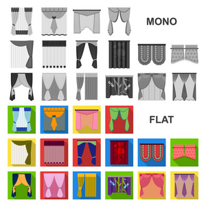 不同类型的窗帘在集合中设计的平面图标。窗帘和 lambrequins 矢量符号股票网页插图