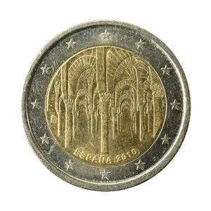 2欧洲硬币西班牙被隔绝在白色背景
