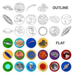 太阳系的行星扁平的图标集为设计集合。宇宙与天文学矢量符号股票网页插图