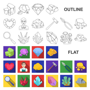 珍贵的矿产平面图标集合中的设计。珠宝首饰和设备矢量符号股票网页插图