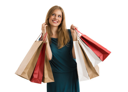 抬头望月购物的女人提着购物袋抬头照片