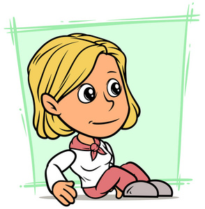 卡通白色可爱的坐微笑的女孩字符与粉红色的鱼片和裤子在绿色的背景。矢量图标