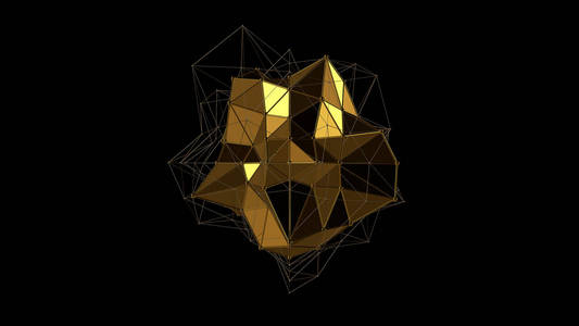 3d 插图不规则形状, 低多边形抽象的图形, 在黑色背景上的金属金晶体。未来主义设计。3d 渲染, 财富和繁荣的理念