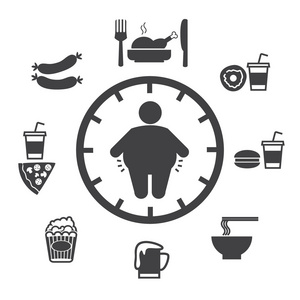 过度肥胖引起的食物和饮料，矢量图标的概念