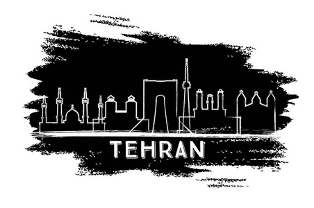 德黑兰伊朗城市天际线剪影。手绘素描。矢量插图。商务旅游和旅游理念与现代建筑。德黑兰城市景观与地标