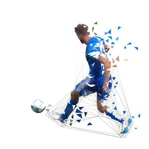 足球运动员在蓝色球衣 pasing 球, 抽象低聚矢量图。足球运动员踢球。独立几何彩色插图, 后视图