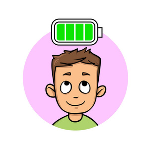 充值成功精力充沛的年轻人, 充满电的电池.平面矢量图.