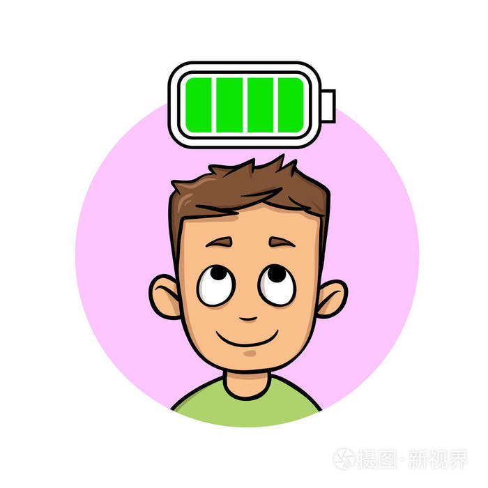 精力充沛的年轻人充满电的电池平面矢量图在白色背景下隔离