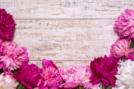 在木质背景上的牡丹的边框, 空白的文本。花卉设计。粉红色和紫色的春天花