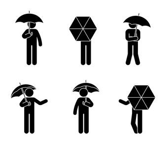 棍子图人与打开的伞图标设置。雨下的人不同的姿势