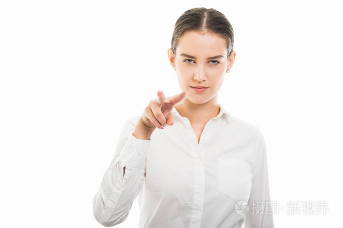 纵向年轻漂亮的商业妇女显示我看着你的手势查出的白色背景与复制空间