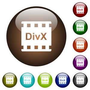 Divx 电影格式圆形彩色玻璃按钮上的白色图标