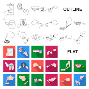 由手操纵平面图标集合中的设计。手运动在医学媒介符号股票网站插图