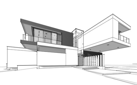 现代舒适住宅花园三维渲染草图与车库出售或租赁.