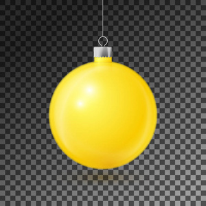 现实黄色圣诞球与银色丝带, 隔离在透明的背景。圣诞快乐贺卡。向量例证