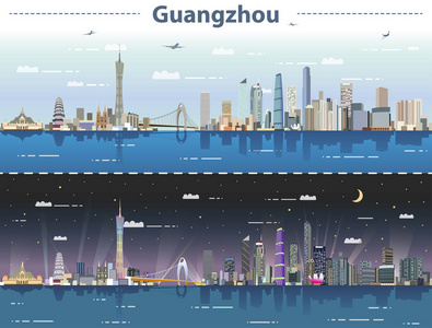 广州天际线日夜的矢量抽象插图