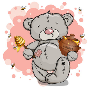 快乐的熊拿着一壶蜂蜜。粉红色背景