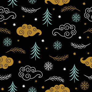 无缝的圣诞节和新年的图案, 一种颜色, 云, 树和雪花, 季节问候背景