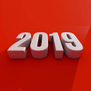 红色2019在白色背景, 新年 2019, 3d 例证, 新年快乐 2019, 红色3d 数字, 新年 2019 3d 渲染, 