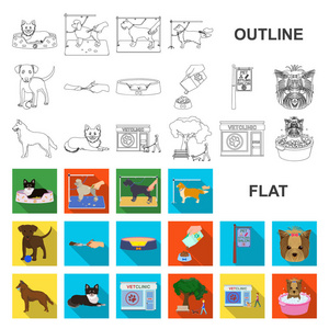 Pet 平面图标集集合中的设计。关怀与教育矢量象征股票插图