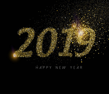 快乐的新年2019黄金豪华贺卡设计。数字标志由金黄闪光尘土制成在黑色背景