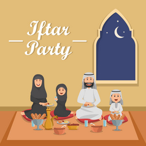 阿拉伯穆斯林家庭祝福斋月, 矢量卡通插画中秋节或中邱街插图与幸福的