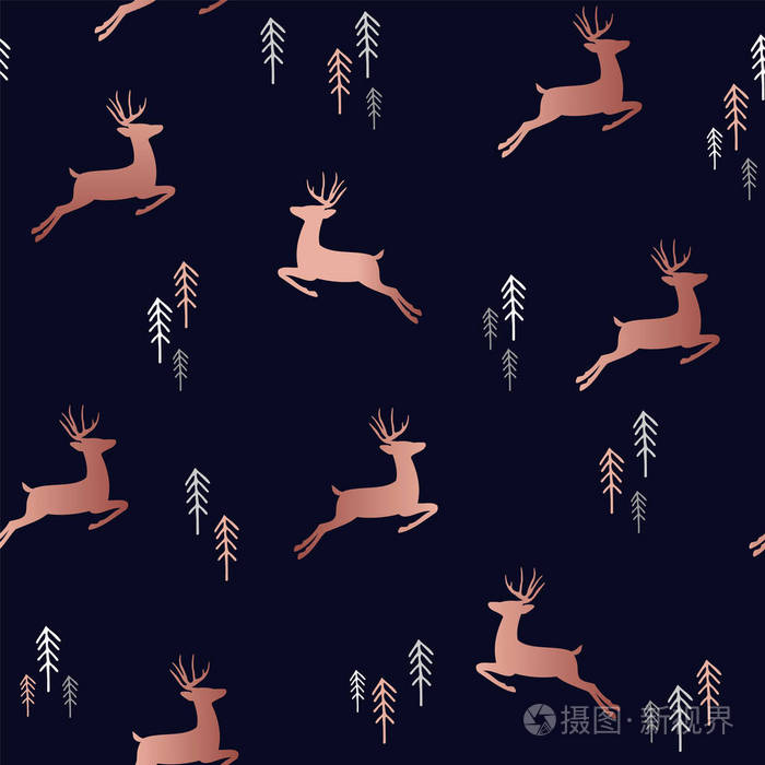 简单的圣诞节无缝的模式, 铜鹿剪影与圣诞树涂鸦