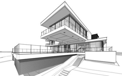 别墅线条3d. 在河边用车库进行出售或出租, 绘制现代舒适住宅的草图.