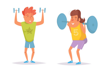 健身房里的男人.哑铃, 棒向量.卡通.白色背景下的隔离艺术照片