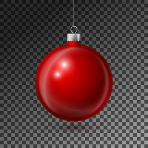现实的红色圣诞球与银色丝带, 隔离在透明的背景。圣诞快乐贺卡。向量例证