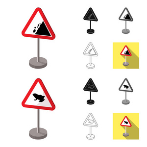 不同类型的路标卡通, 黑色, 平, 单色, 轮廓图标在集合中进行设计。警告和禁止标志矢量符号股票 web 插图