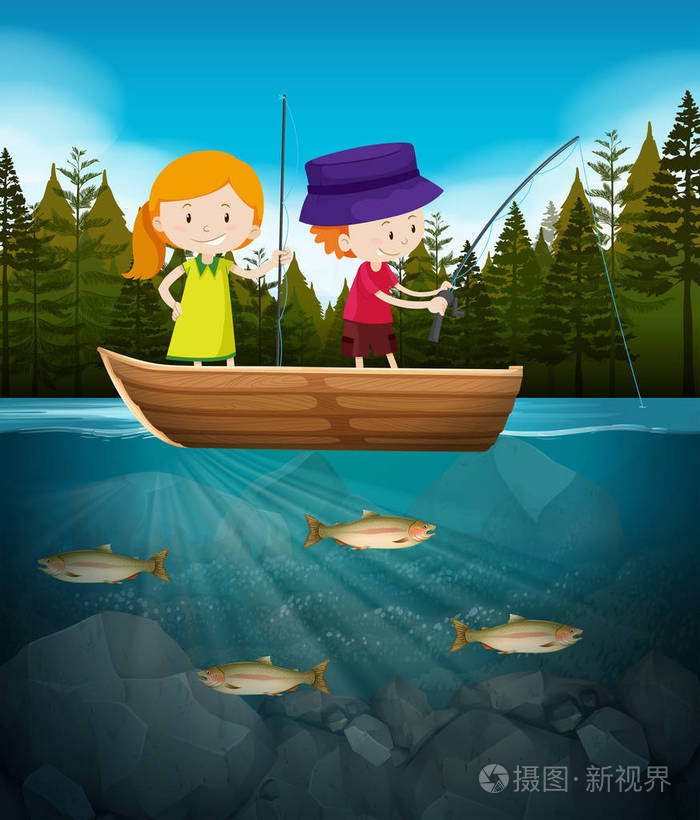 男孩和女孩钓鱼在湖例证