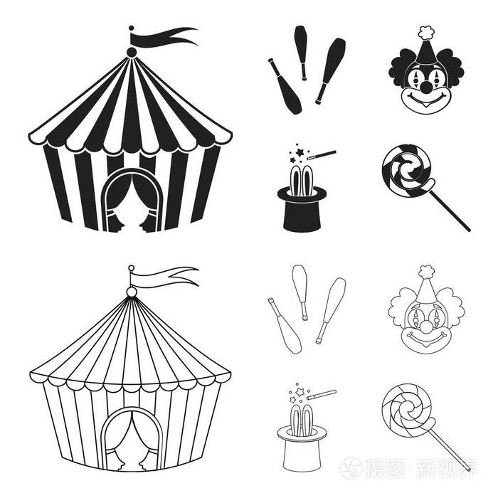 马戏团帐篷, 魔术师锤, 小丑, 魔术师帽子。马戏团集合图标黑色, 轮廓样式矢量符号股票插画网站