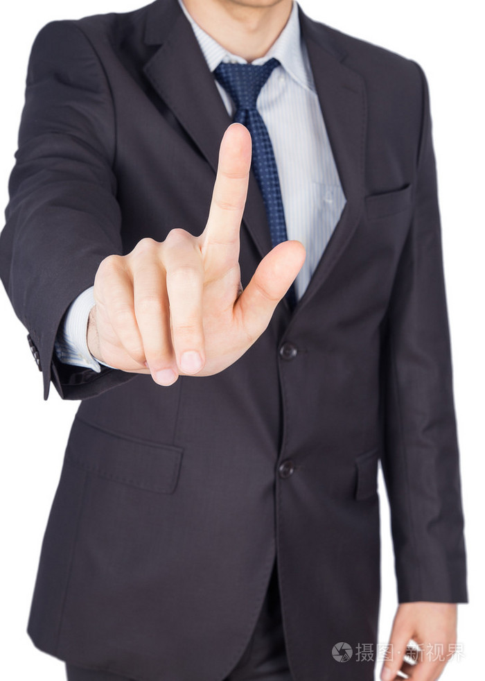 穿着西装的男人显示手指触摸