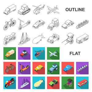 不同类型的传输平面图标集合中的设计。汽车和船舶等距矢量符号股票 web 插图