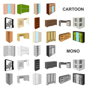 卧室家具卡通图标集为设计收藏。现代木家具等距矢量符号股票 web 插图