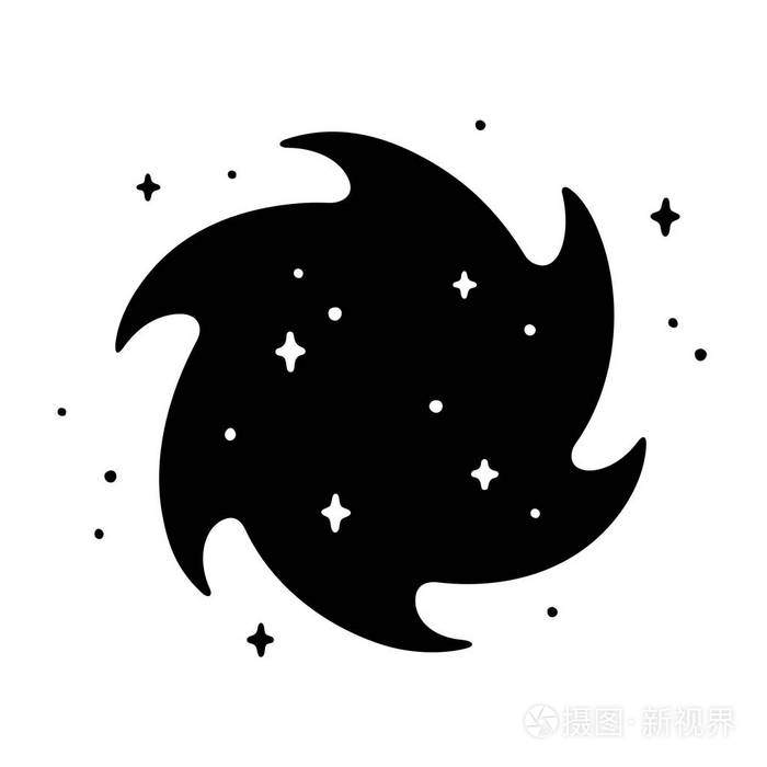 简单的卡通黑洞漩涡画与星星, 外太空的象征.向量例证, 纹身设计