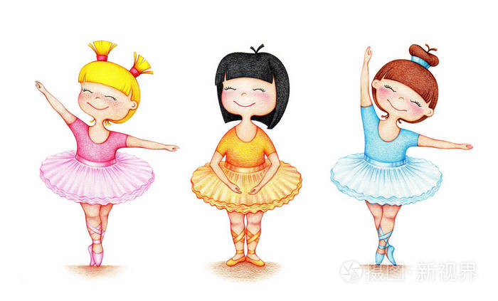 手绘图片的三小美丽的芭蕾舞演员在不同的位置在白色背景的颜色铅笔