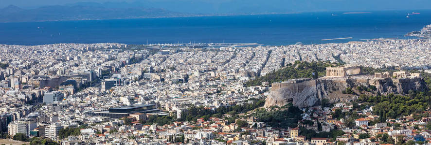 雅典卫城。希腊。全景鸟瞰从雅典城市 Lycabettus 山和卫城, 横幅
