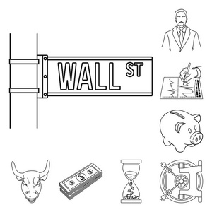 货币和财务轮廓图标集合中的设计。商业和成功矢量符号股票网页插图