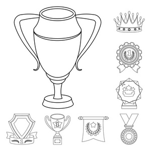 奖项和奖杯的轮廓图标集合中的设计。奖励和成就向量符号股票网页插图