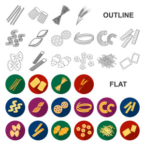 类型的面食平面图标集合中的设计。计算的通心粉吃矢量符号股票 web 插图