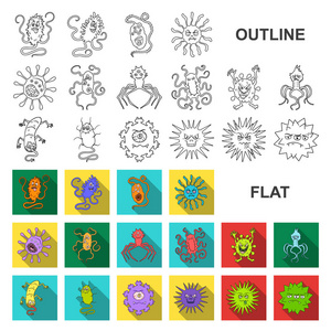 类型的有趣的微生物平面图标集合中的设计。微生物病原体载体标志物网插图