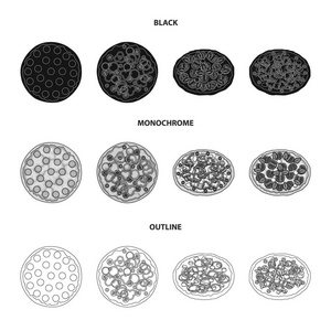 比萨饼配肉, 奶酪和其他馅料。不同的比萨饼集合图标黑色, 单色, 轮廓样式矢量符号股票插画网站