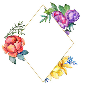 水彩五颜六色的花束花。花卉植物花。框边框装饰广场